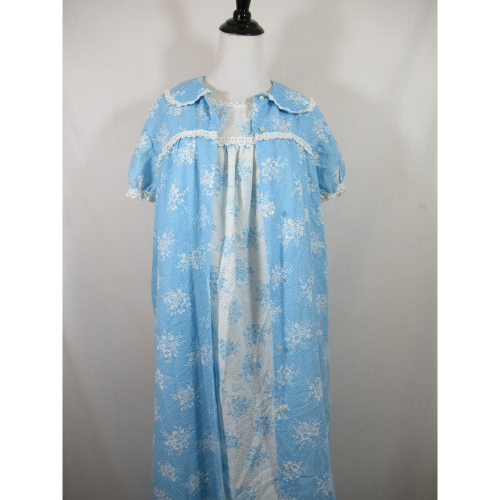Vintage 60s Dynasty Seersucker Robe Nightgown Set Medium Blue Polka Dot Floral